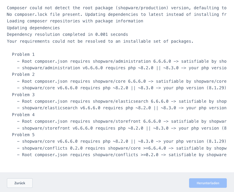 Shopware 6 Fehlermeldung PHP Version
